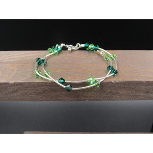 7" Sterling Silver Two Tone Green Crystal Bracelet Vintage Elegant Beautiful